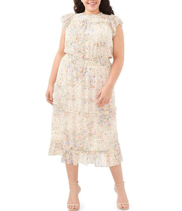 CeCe Plus Size Watercolor Floral Print Flutter Cap Sleeve Ruffle Crew Neck Smocked Waist Tiered A-Line Midi Dress Product Image