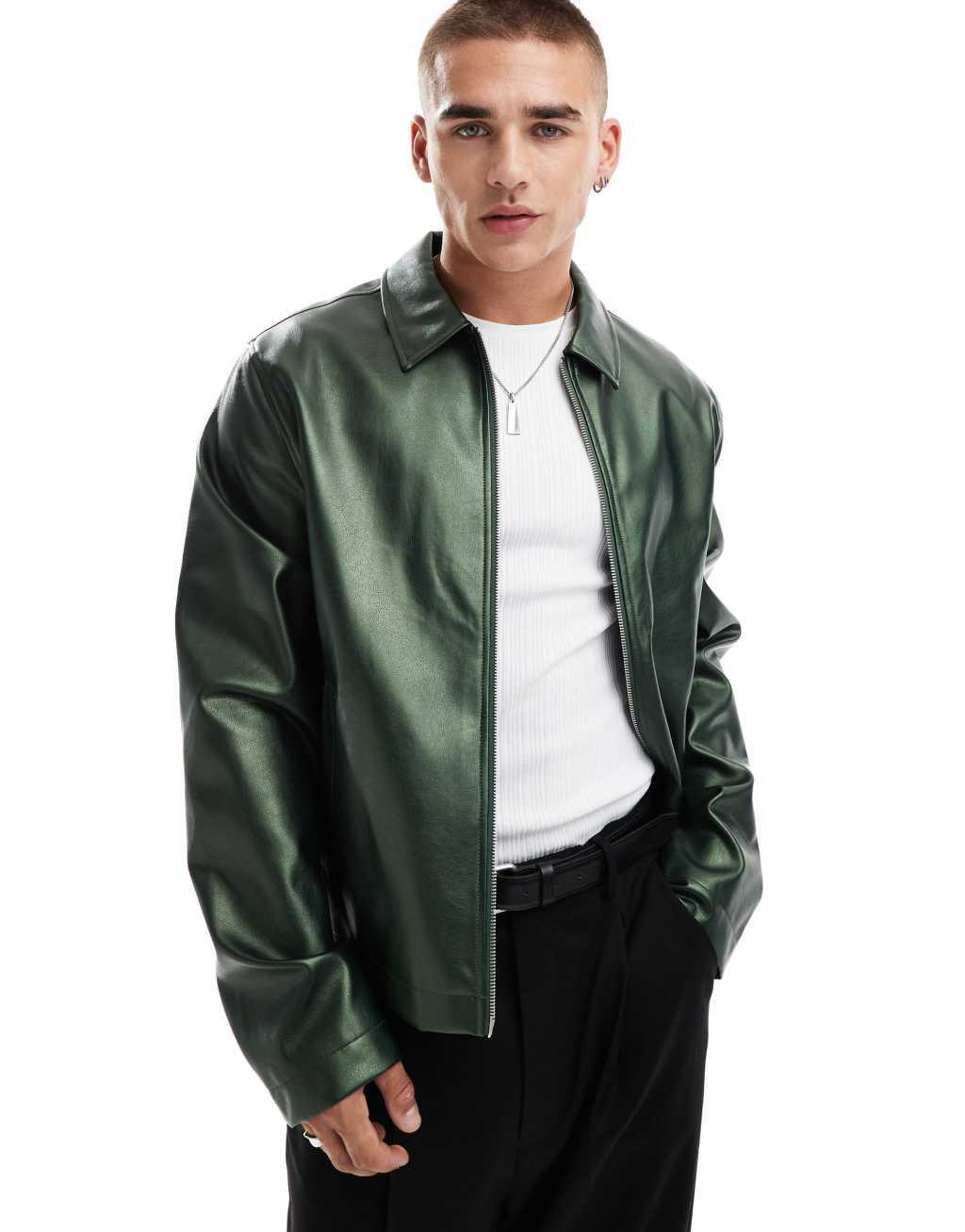 ASOS DESIGN faux leather harrington jacket in metalic green product image