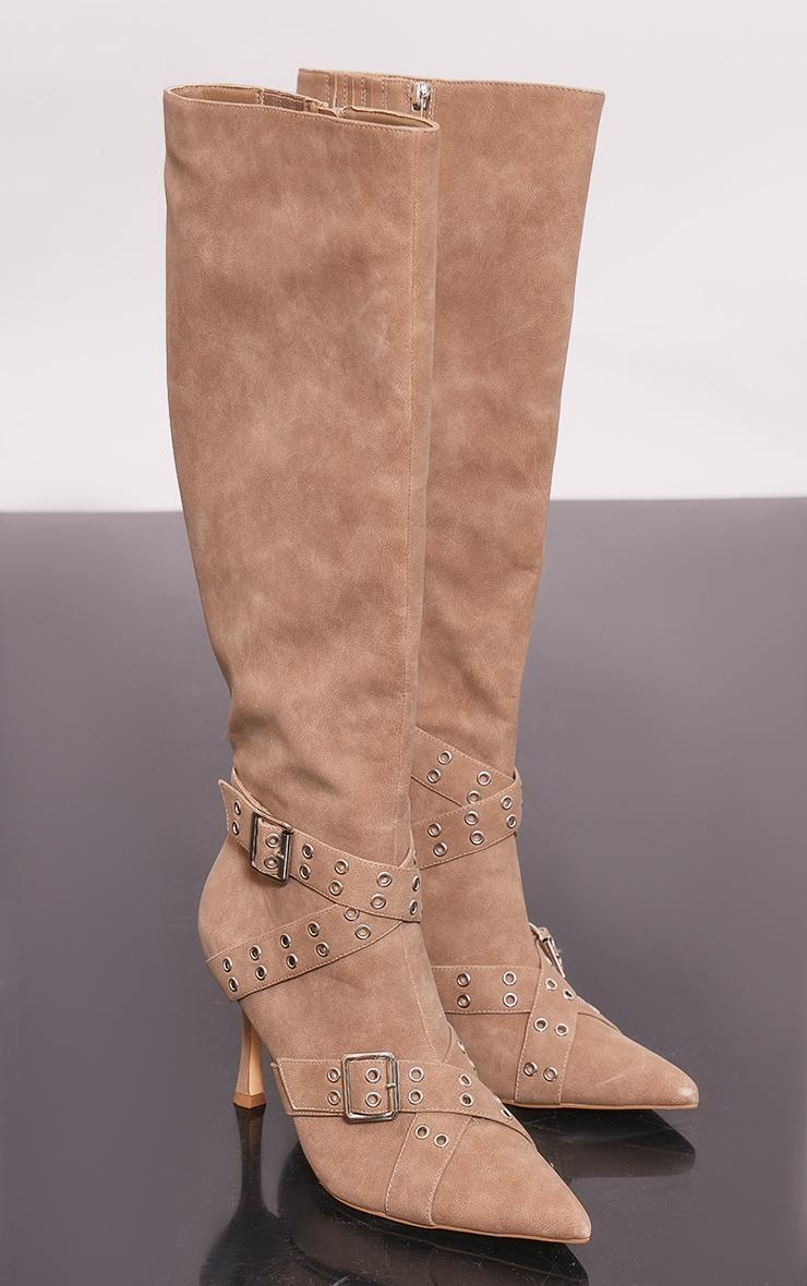 Beige Faux Suede Point Toe Buckle Strap Knee High Heeled Boots Product Image