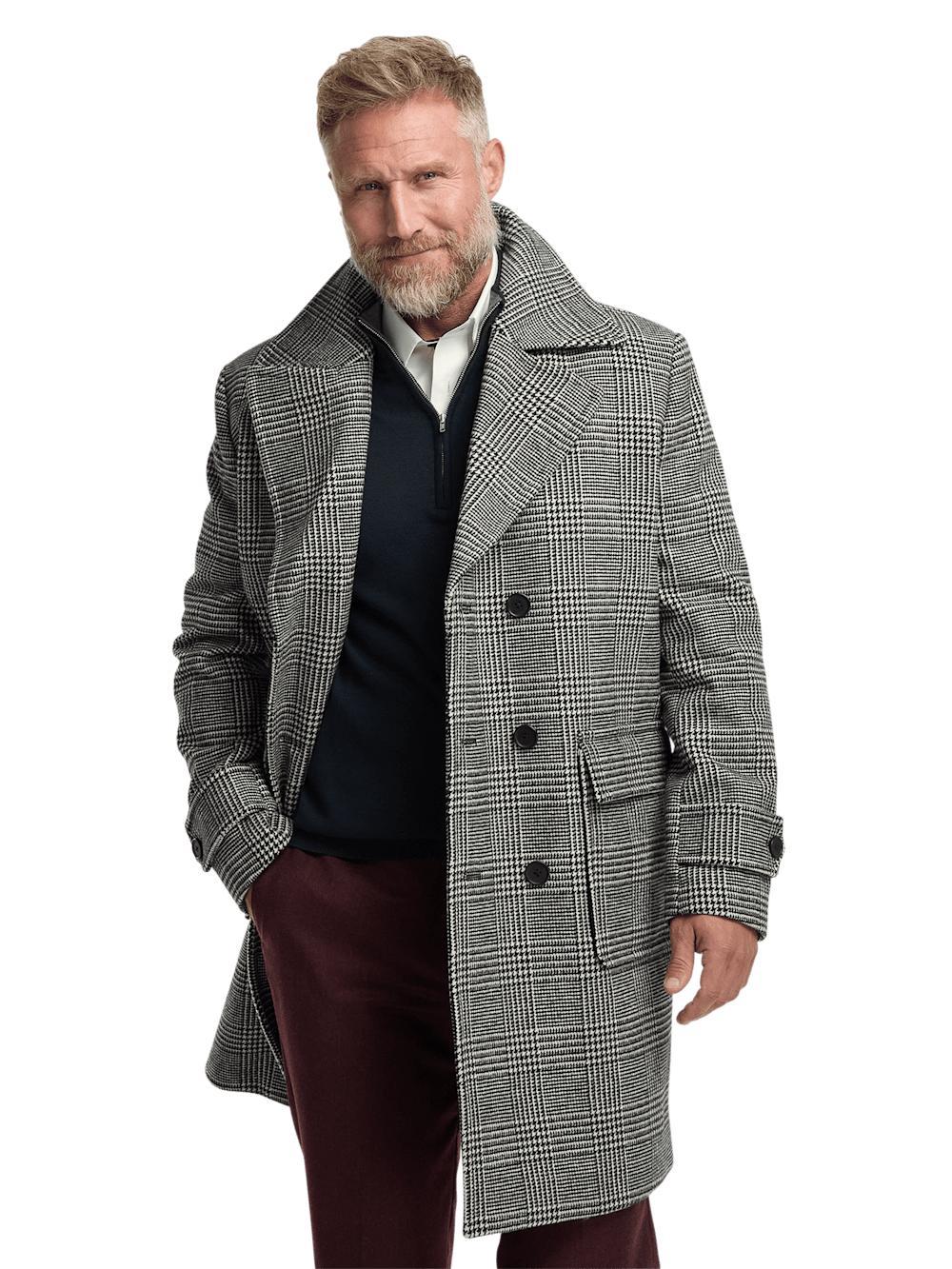 Wool Blend Plaid Double Breasted Topcoat - Black/white Product Image