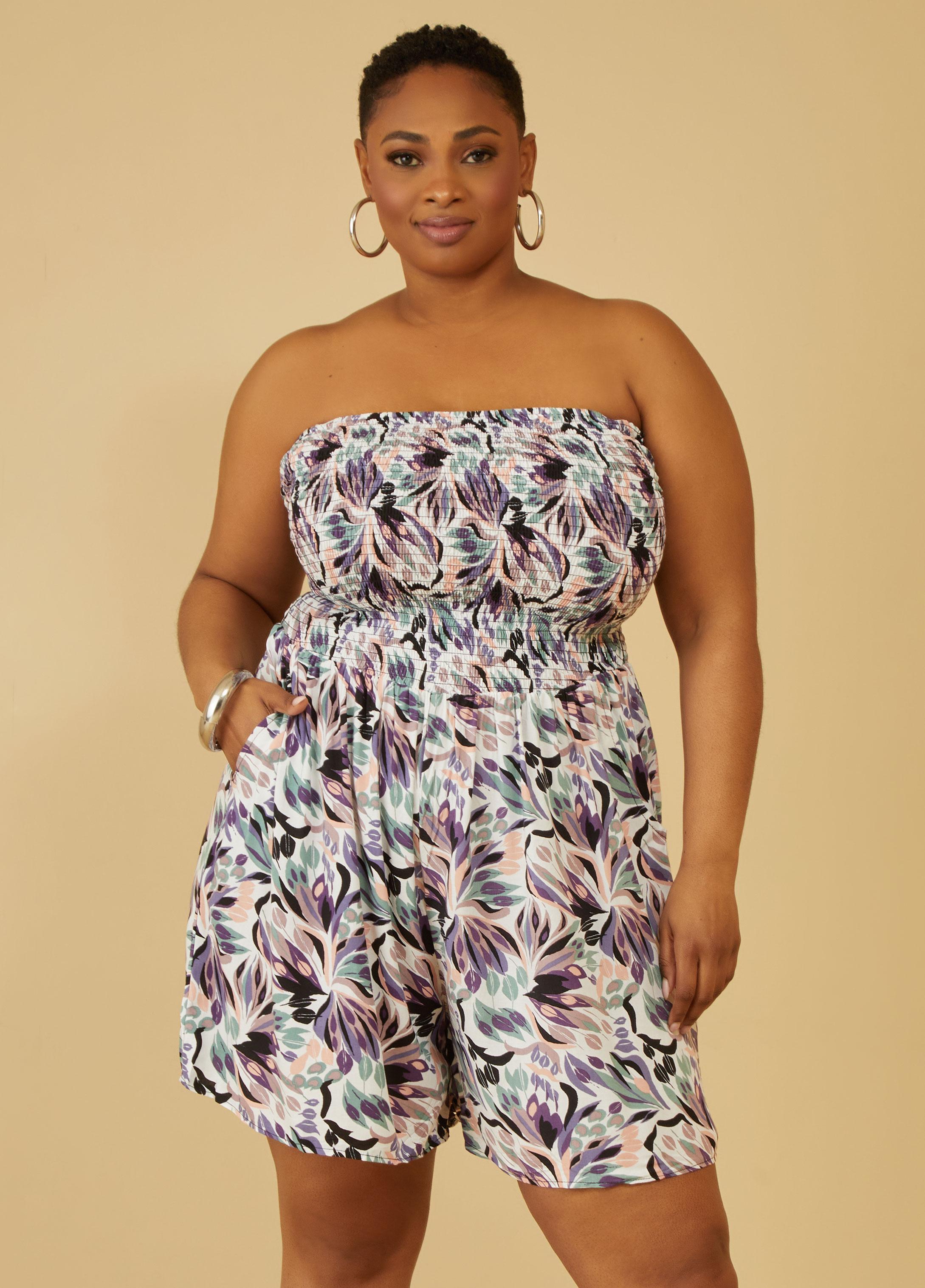 Plus Size Strapless Floral Print Romper Ashley Stewart Product Image