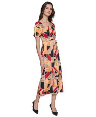 Women's Geo-Print Square-Neck Puff-Sleeve Maxi Dress Product Image