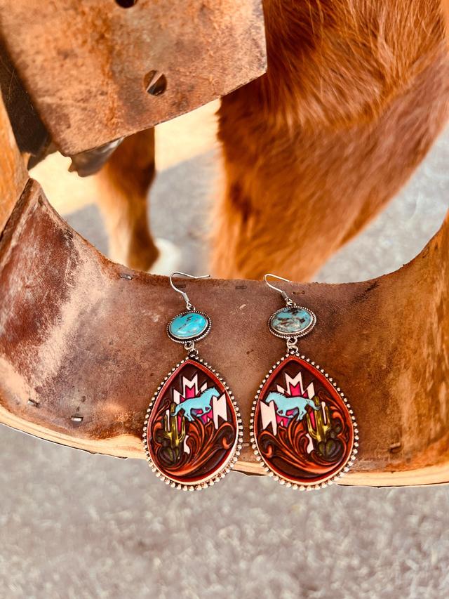 Leather Stamped Aztec Horse Earrings- 2 color choices Product Image