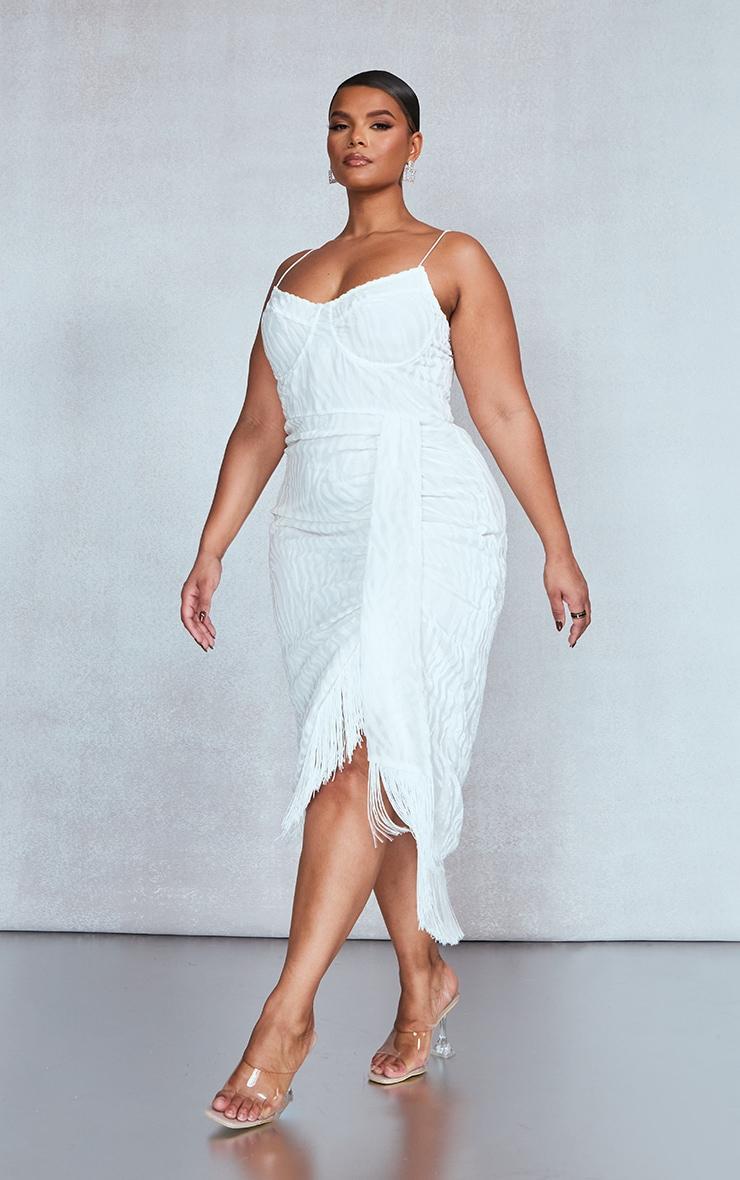 Plus White Devore Tassel Detail Underwired Draped Midi Dress Product Image