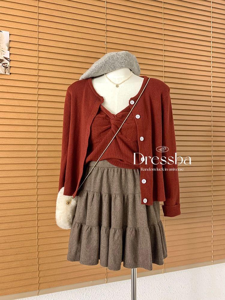 High Waist Plain Tiered Knit Mini A-Line Skirt Product Image