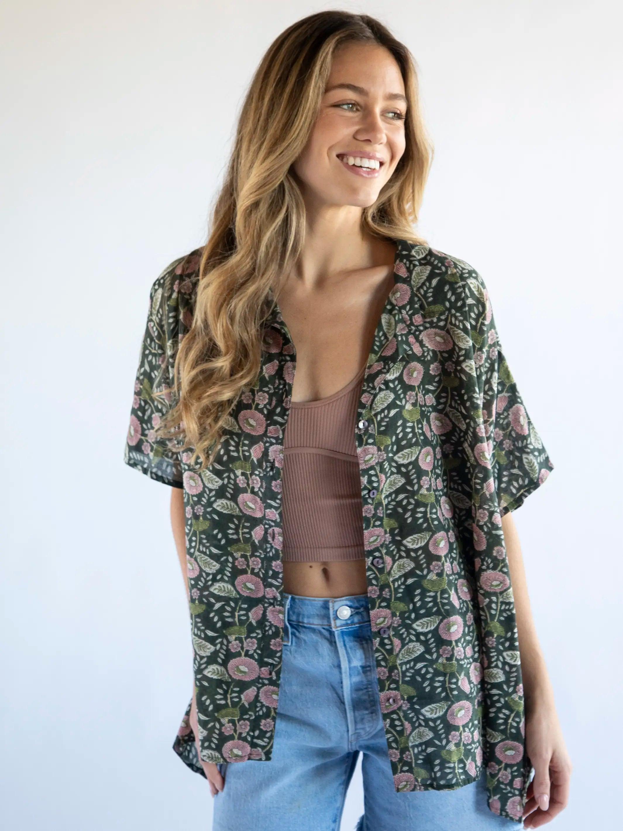 Kelly Oversized Cotton Button Down - Dark Green Pink Floral Vines Product Image