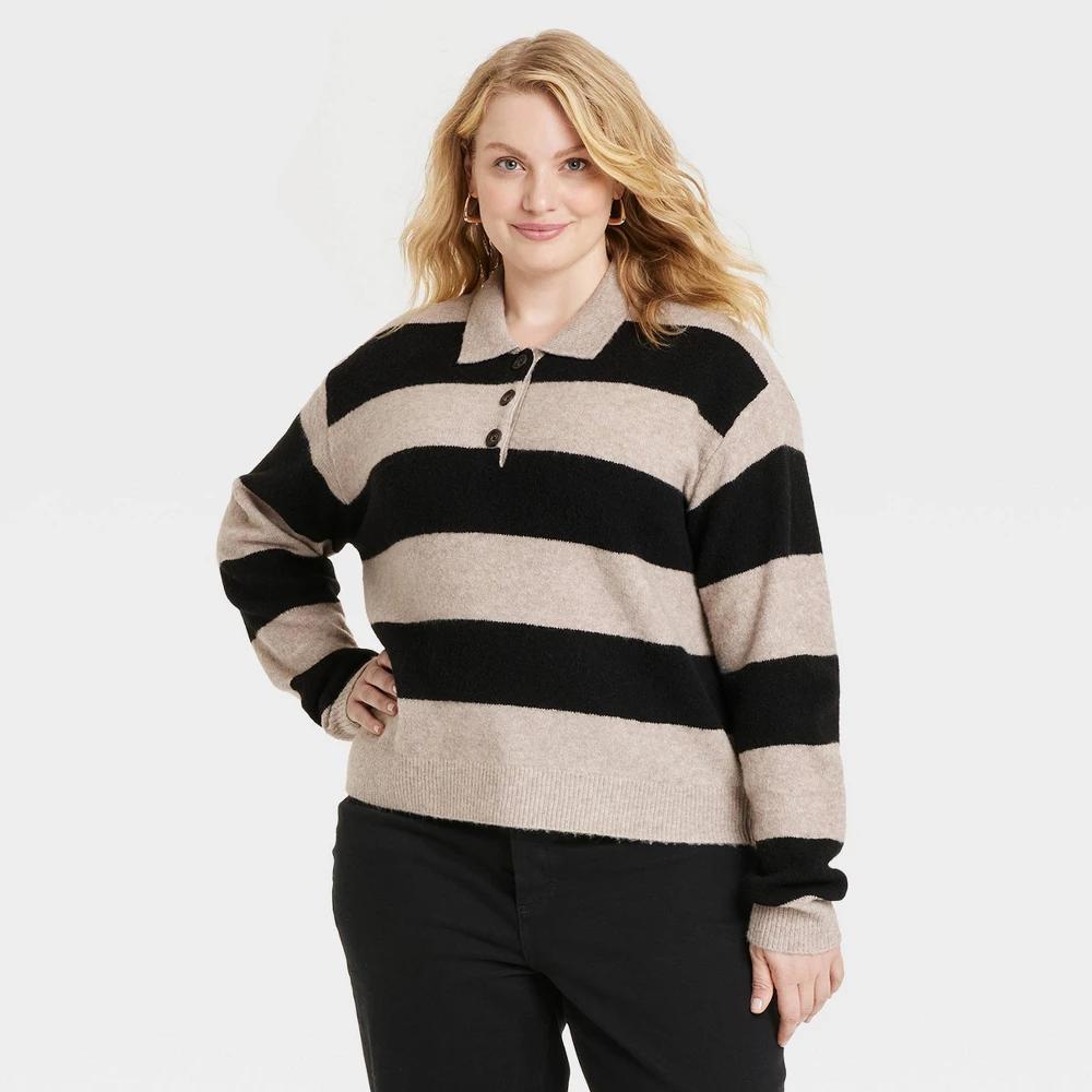 Womens Collared Pullover Sweater - Universal Thread Tan/Black Striped 2X Product Image