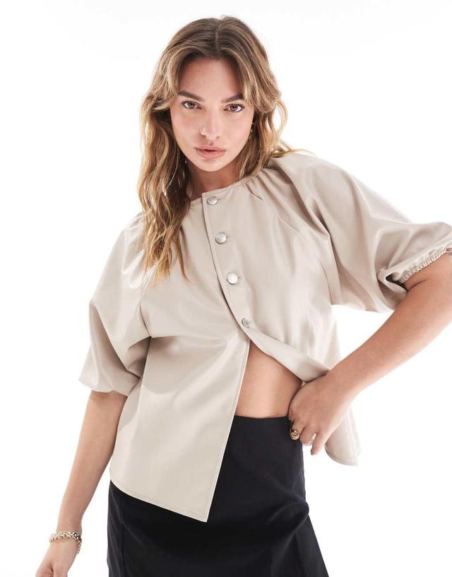 ASOS DESIGN faux leather raglan top in stone Product Image