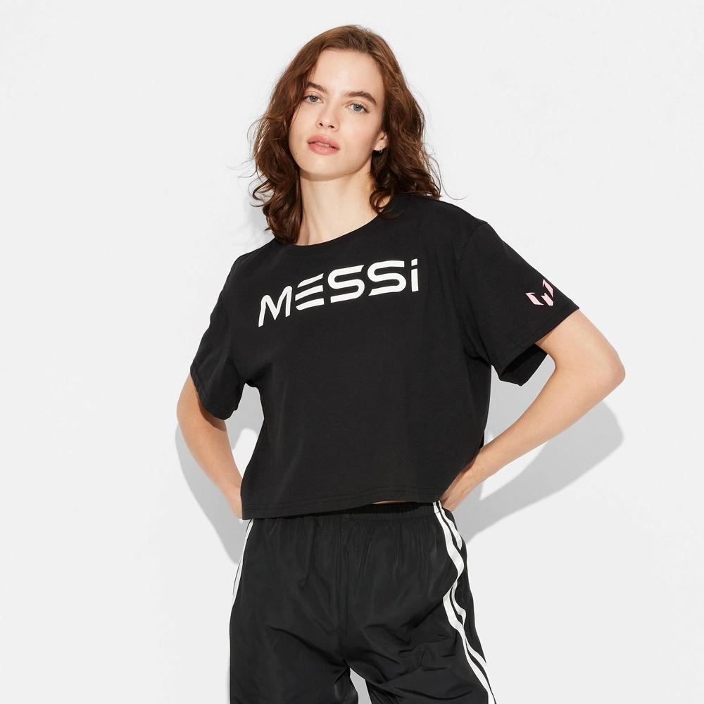 Womens Messi Short Sleeve Graphic Crop Top - Black Product Image