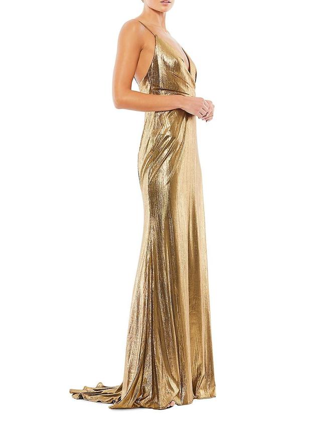 Mac Duggal Shimmer Metallic Faux Wrap Gown Product Image