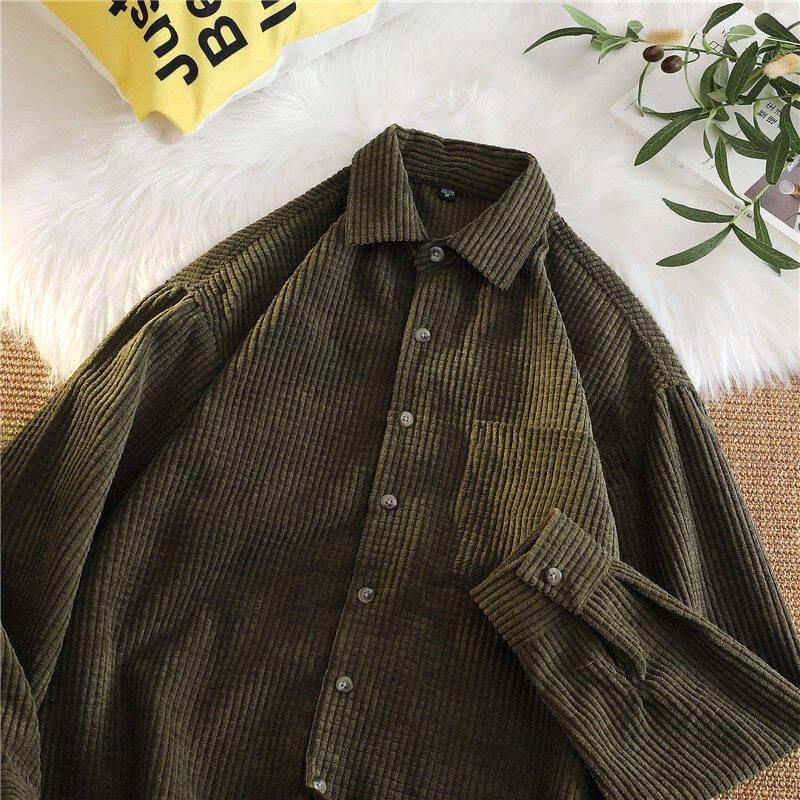 Long-Sleeve Corduroy Button-Up Plain Shirt Product Image