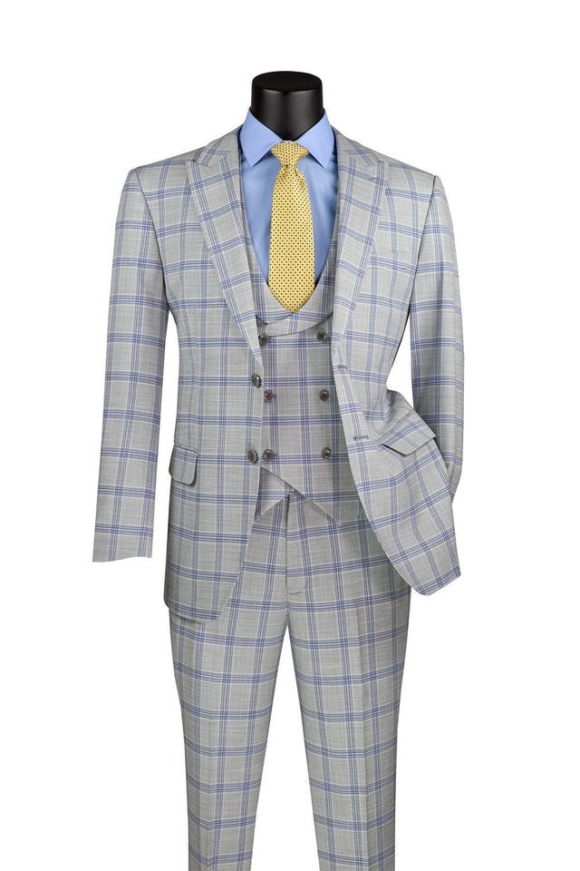 Modern Fit Windowpane Suit 3 Piece with U-Neck Vest in Light Gray Product Image