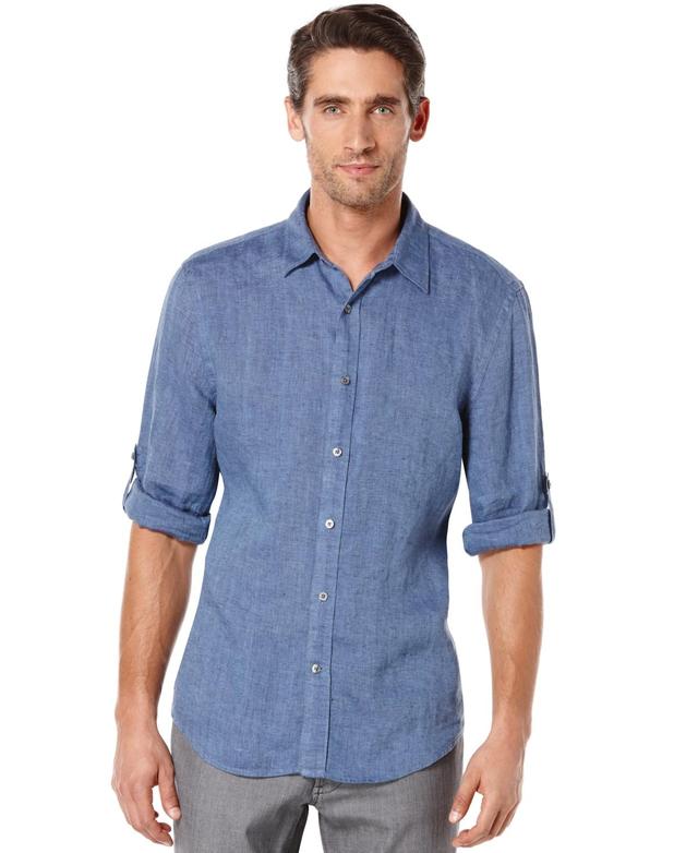 Mens Solid Linen Roll Sleeve Shirt Product Image