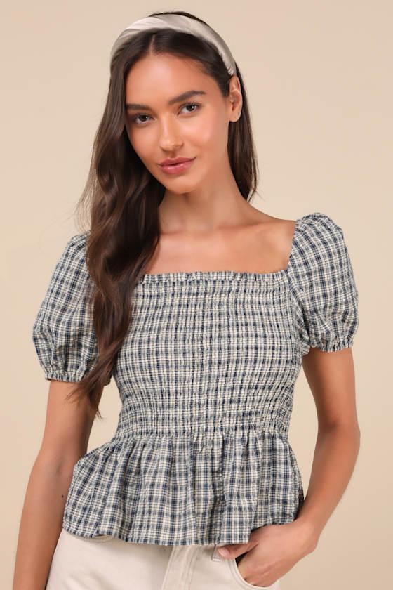 Charming Sense Cream and Navy Gingham Smocked Peplum Top product image