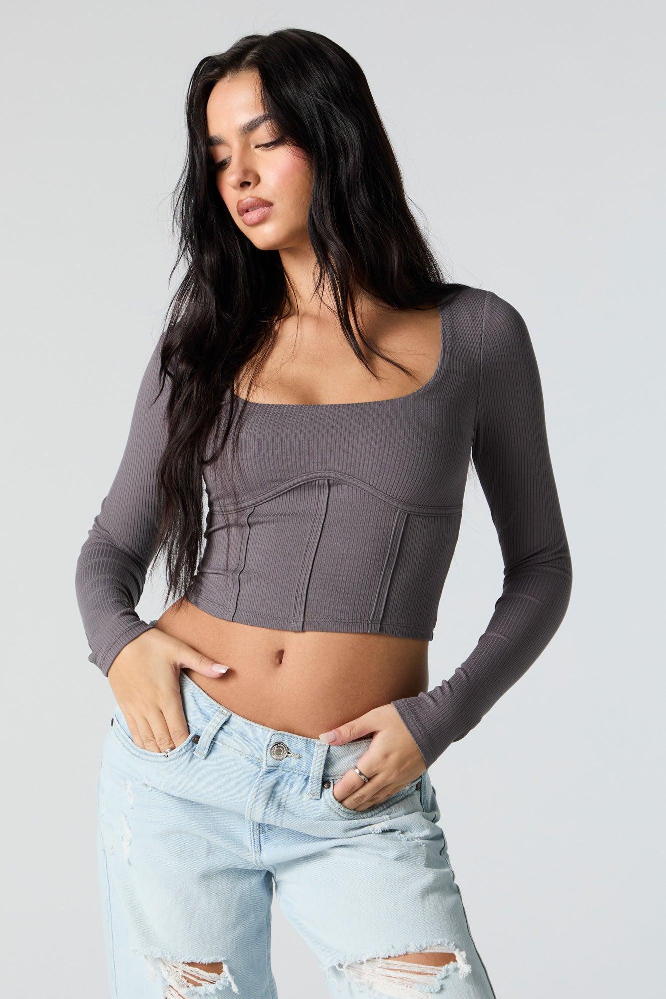 Ribbed Corset Style Long Sleeve Crop Top Female Product Image