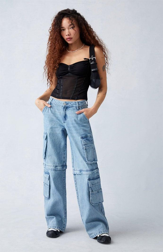 Women's Light Indigo Zip Off Low Rise Baggy Cargo Jeans Product Image