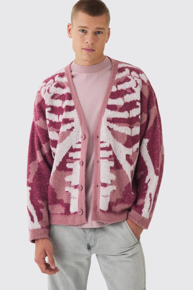 Abstract Camo Brushed Cardigan in Pink | boohooMAN USA Product Image