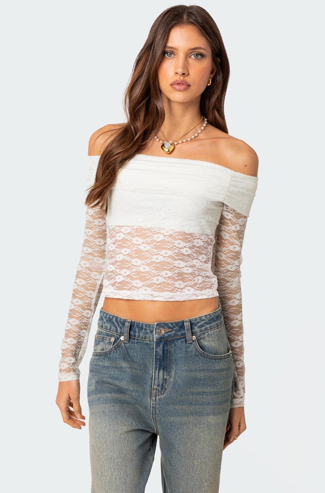 Elysia Fold Over Sheer Lace Top Product Image