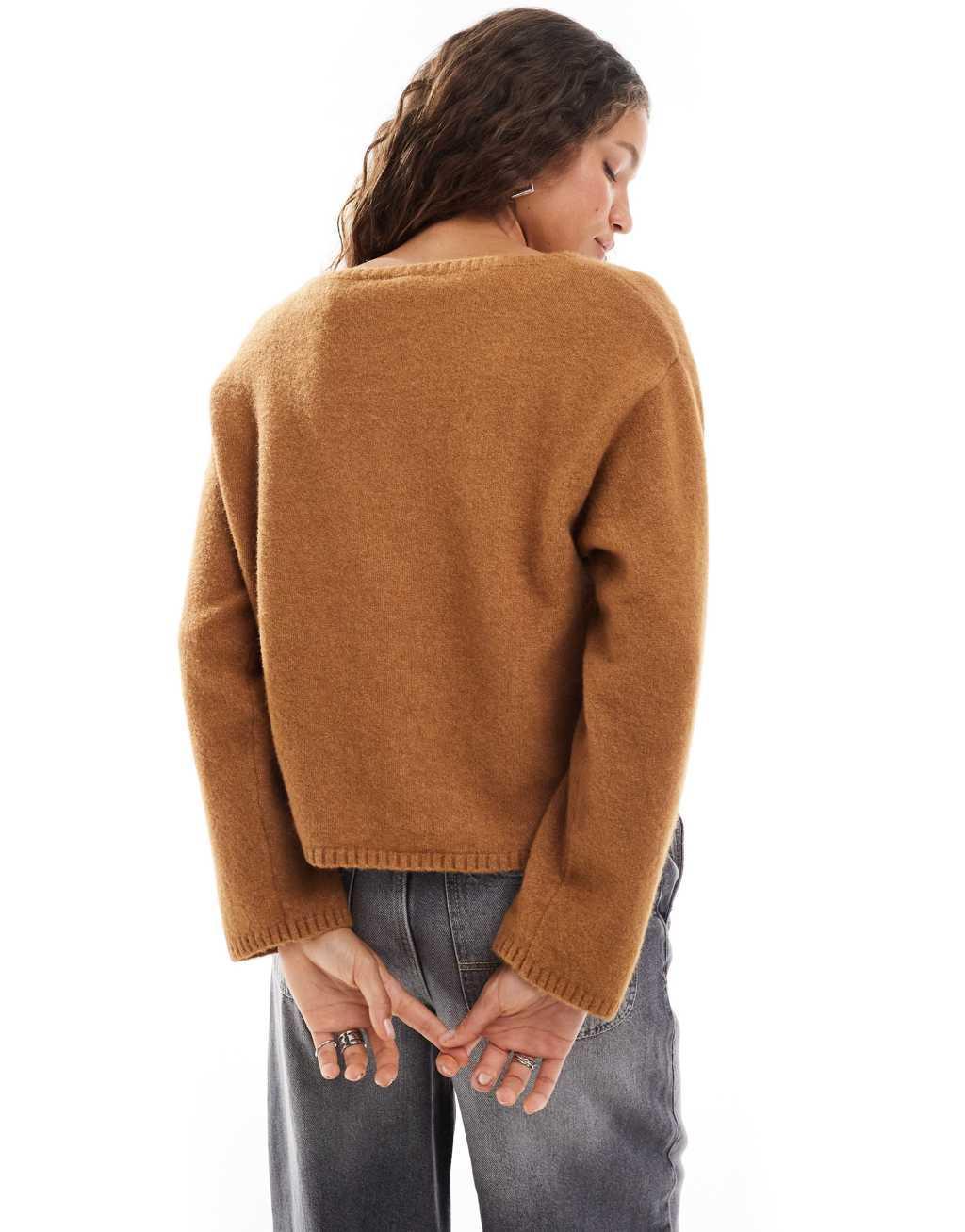 Monki knit top with off-shoulder boat neck in brown melange Product Image