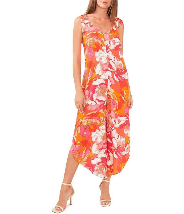 Vince Camuto Floral Print V-Neck Tie Strap Sleeveless Cropped High-Low Jumpsuit Product Image