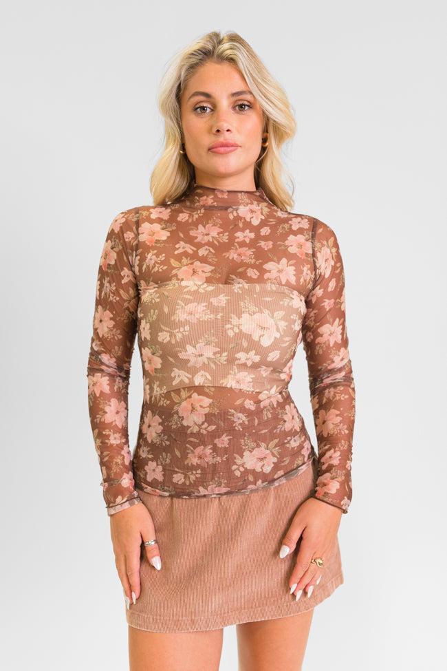 Never Stray Chocolate Floral Sheer Mock Neck Floral Top FINAL SALE Product Image