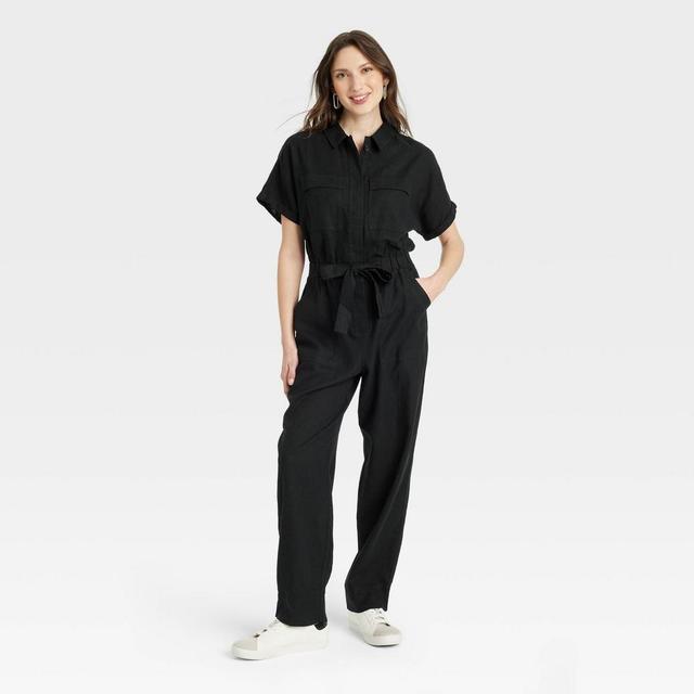 Womens Short Sleeve Linen Boilersuit - Universal Thread Black 8 Product Image