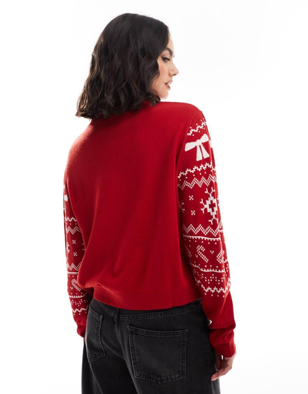 ASOS DESIGN crew neck christmas sweater with fairisle pattern in red and cream Product Image