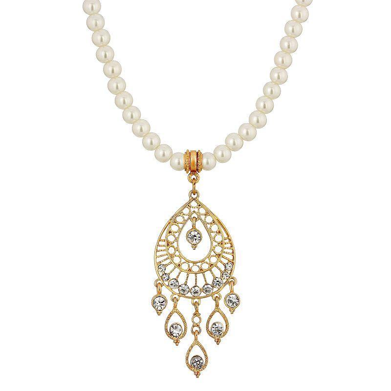 1928 Gold-Tone Crystal Filigree Drop Pearl Necklace, Womens, White Product Image