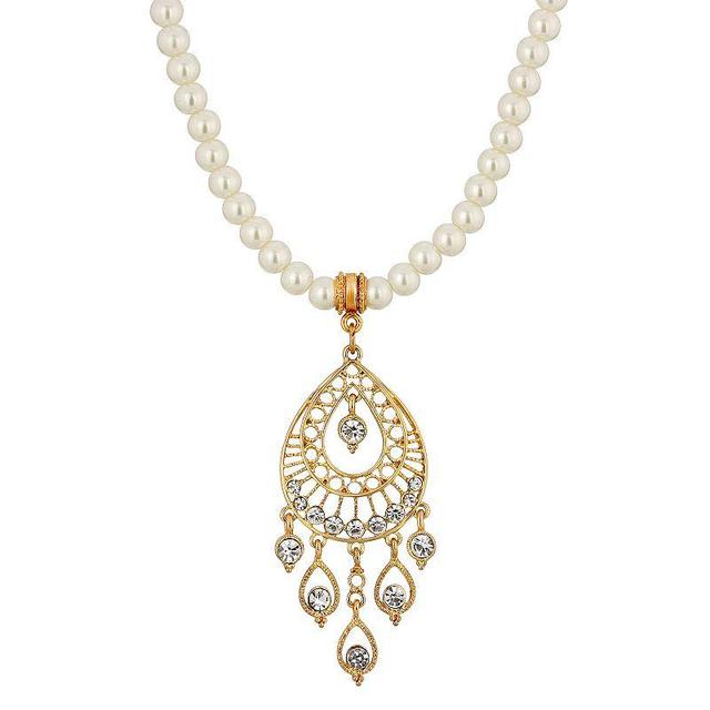 1928 Gold-Tone Crystal Filigree Drop Pearl Necklace, Womens, White Product Image