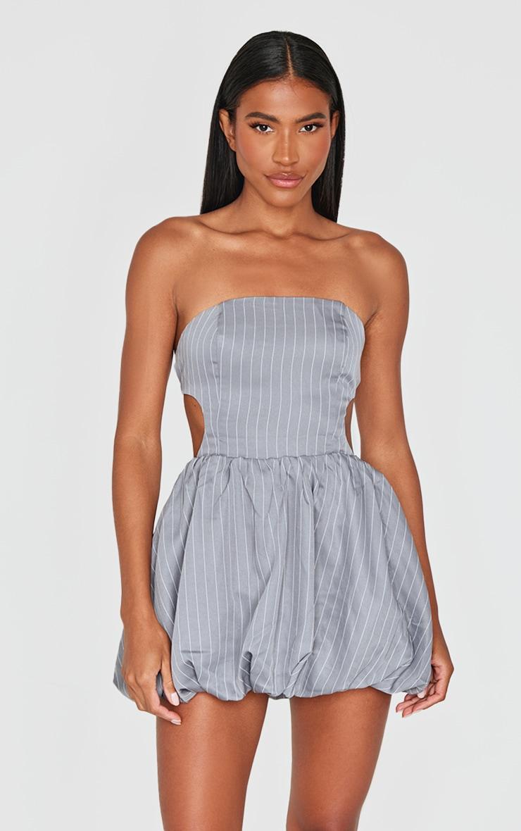 Grey Pinstripe Bandeau Tie Back Puffball Mini Dress product image