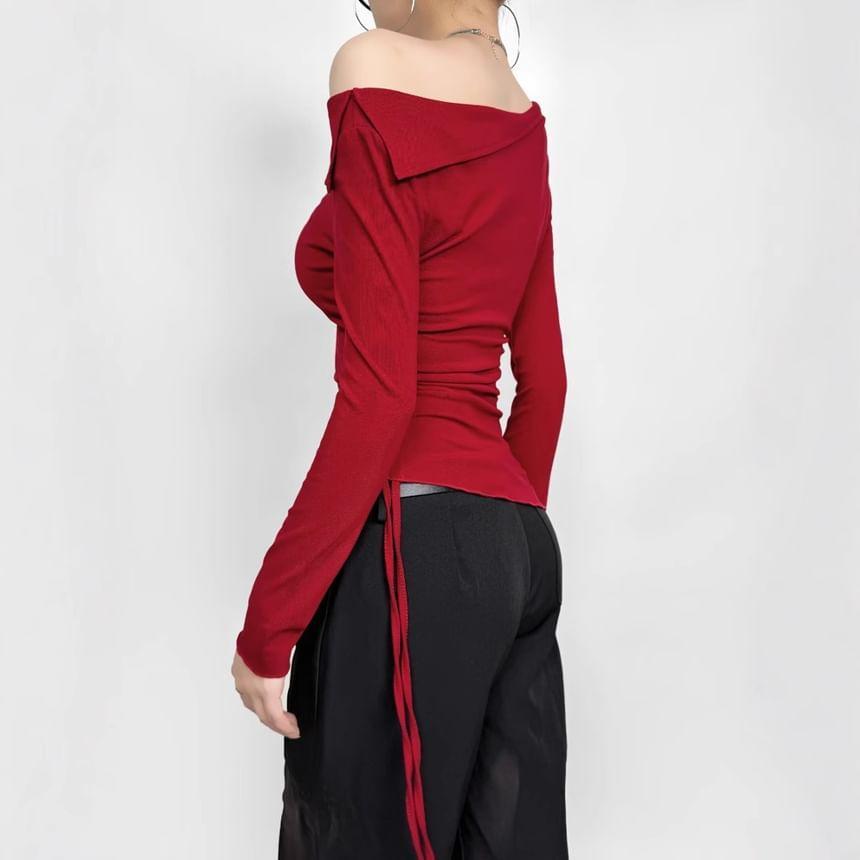 One-Shoulder Long-Sleeve Plain Shirred T-Shirt Product Image