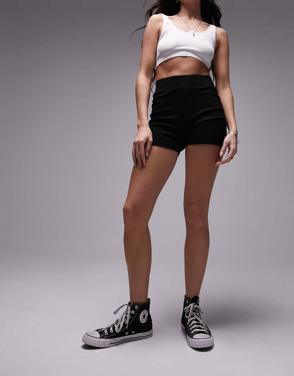 Topshop premium cropped length legging shorts in black Product Image