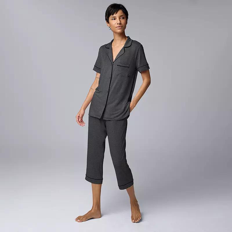 Womens Simply Vera Vera Wang Basic Luxury Notch Collar Pajama Shirt & Pajama Capris Set Grey Coal Product Image