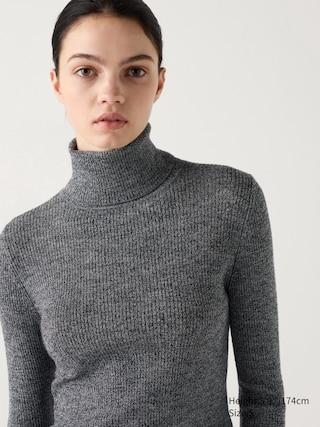 Womens Merino Ribbed Turtleneck Sweater Gray Large UNIQLO US Product Image