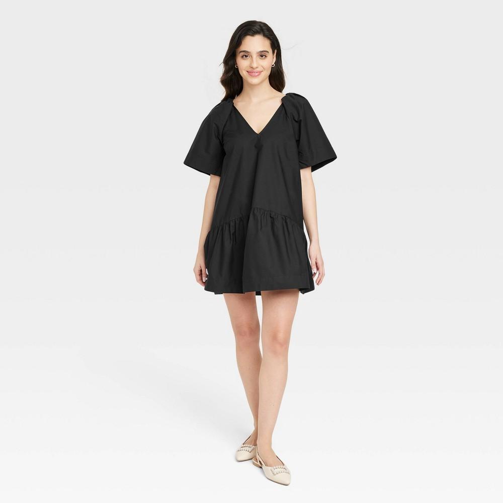 Womens Flutter Short Sleeve Mini Poplin Dress - A New Day Black L Product Image