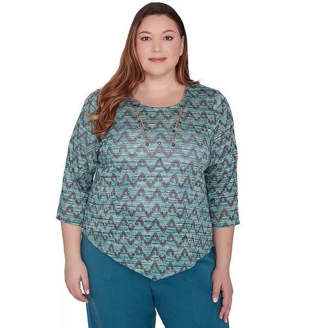 Plus Size Alfred Dunner Zig-Zag Space Dye Long Sleeve Top with Necklace, Womens Product Image