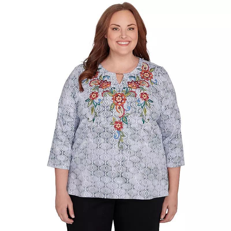 Plus Size Alfred Dunner Textured Floral Embroidered Split Neck Top, Womens Product Image