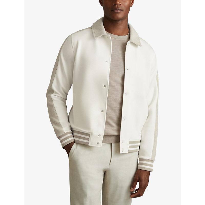 REISS Optic White/soft Grey Melange Arnold Hybrid Interlock Jersey Bomber Jacket Product Image