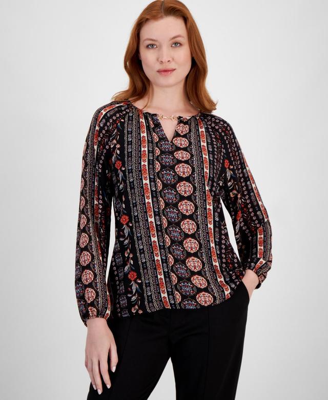 T Tahari Womens Printed Chain-Neck Long-Sleeve Blouse Product Image