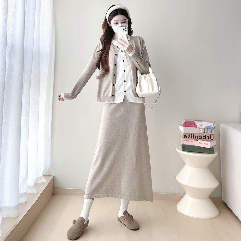 Set: Button-Up Cardigan + High Rise Maxi A-Line Skirt Product Image