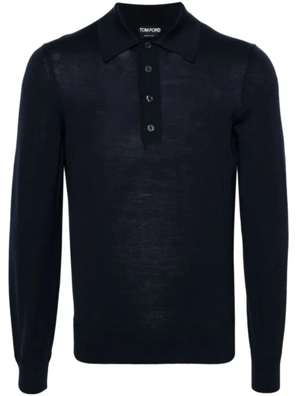 Long-sleeve Wool Polo Shirt In Blue Product Image