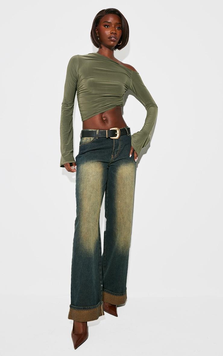 Tall Khaki Slinky Ruched Off The Shoulder Long Sleeve Top Product Image