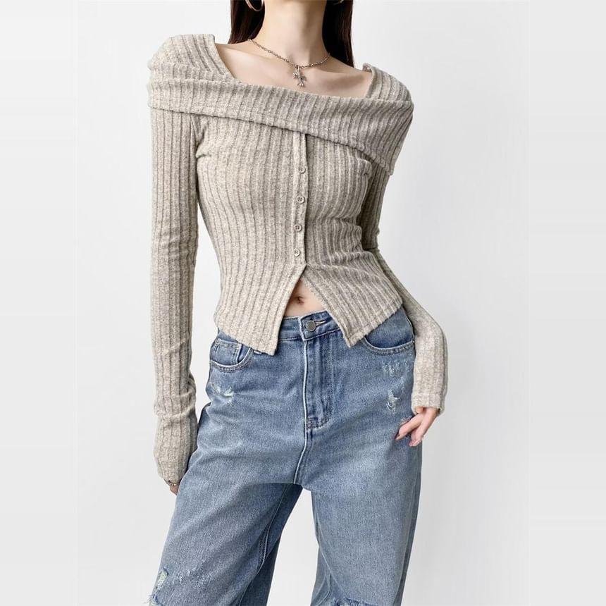 Long-Sleeve Asymmetrical Neck Plain Ribbed Knit Top Product Image