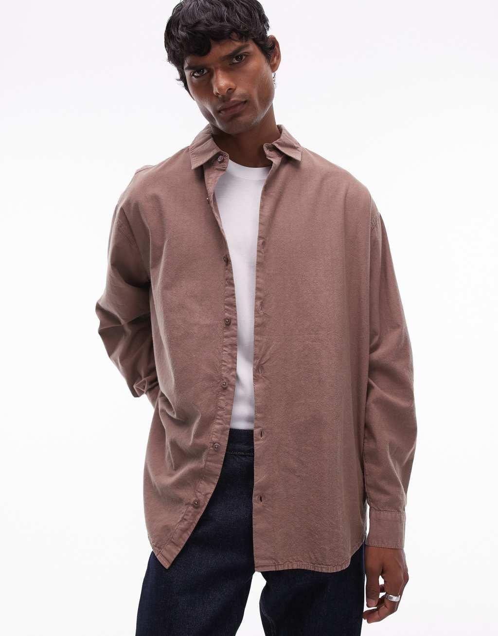 Topman long sleeve oversized shirt in washed brown Product Image