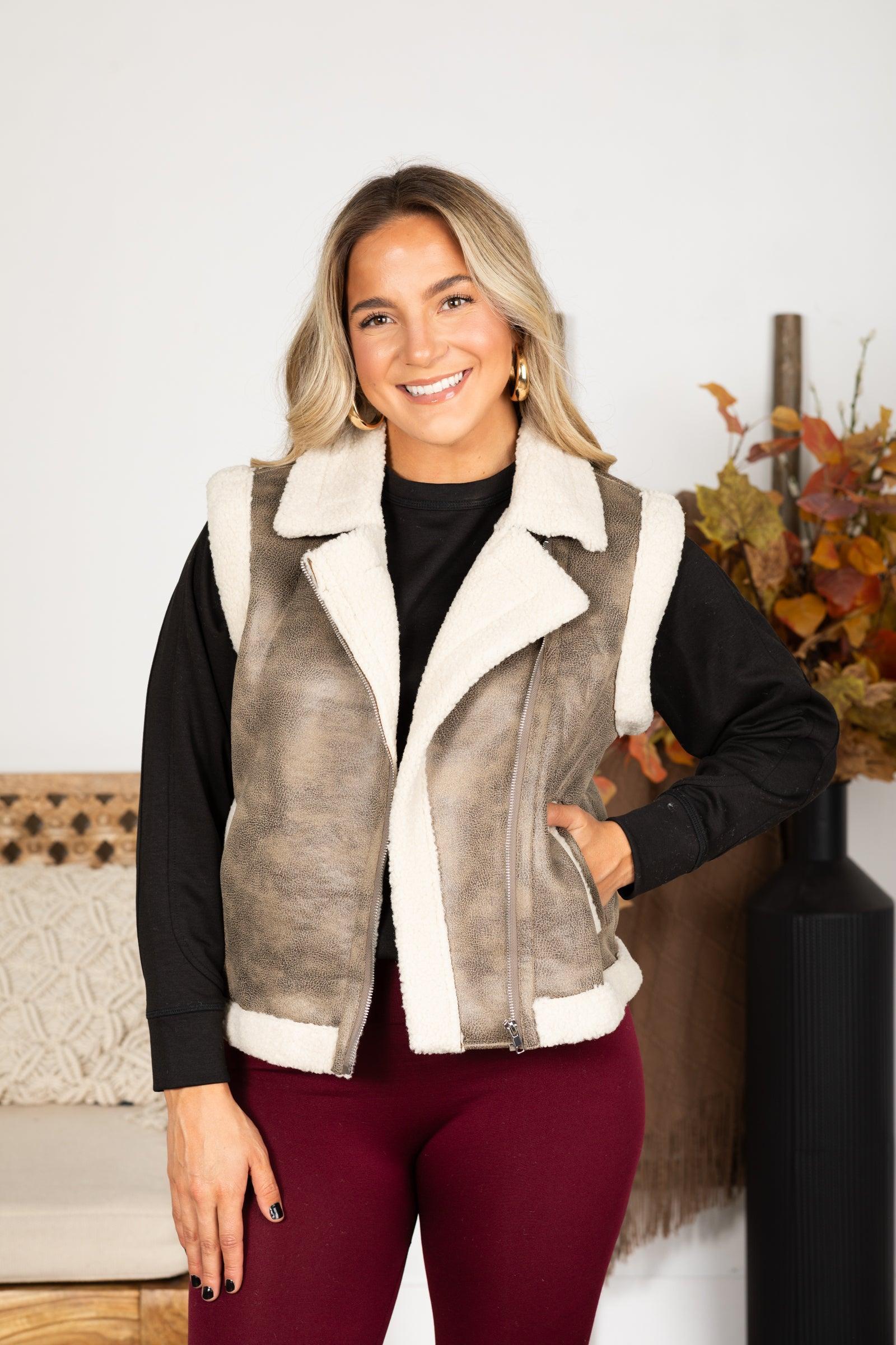 Mocha Faux Leather Side Pockets Sherpa Vest Product Image