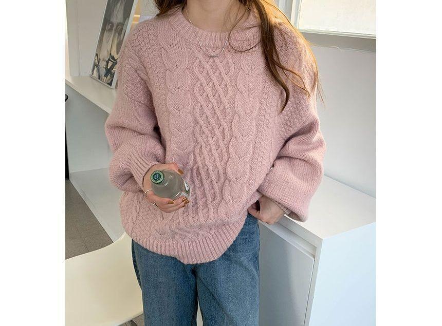 Long-Sleeve Plain Cable Knit Sweater Product Image