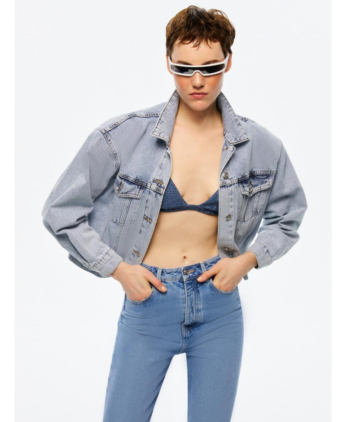 Womens Cropped Denim Jacket with Shoulder Pads Product Image