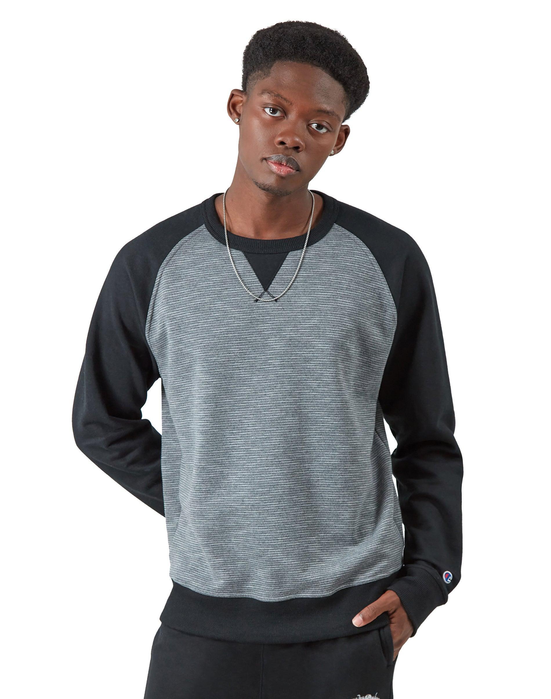 Mens Champion Powerblend Crewneck Sweatshirt, Striped Black/Manhattan Mist/Black S Product Image