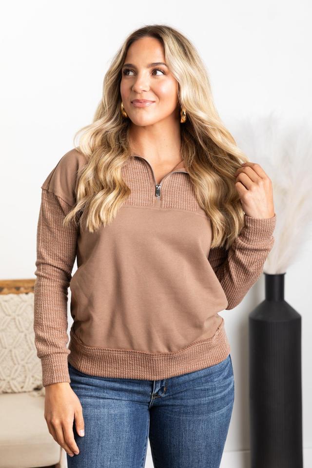 Mocha Half Zip-Up Ribbed Detail Top Product Image