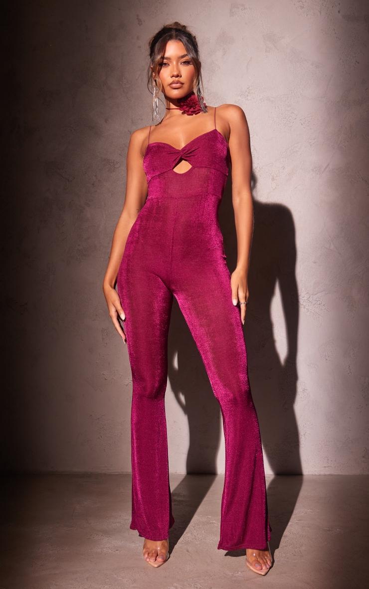 Burgundy Acetate Slinky Twist Bust Flared Jumpsuit Product Image